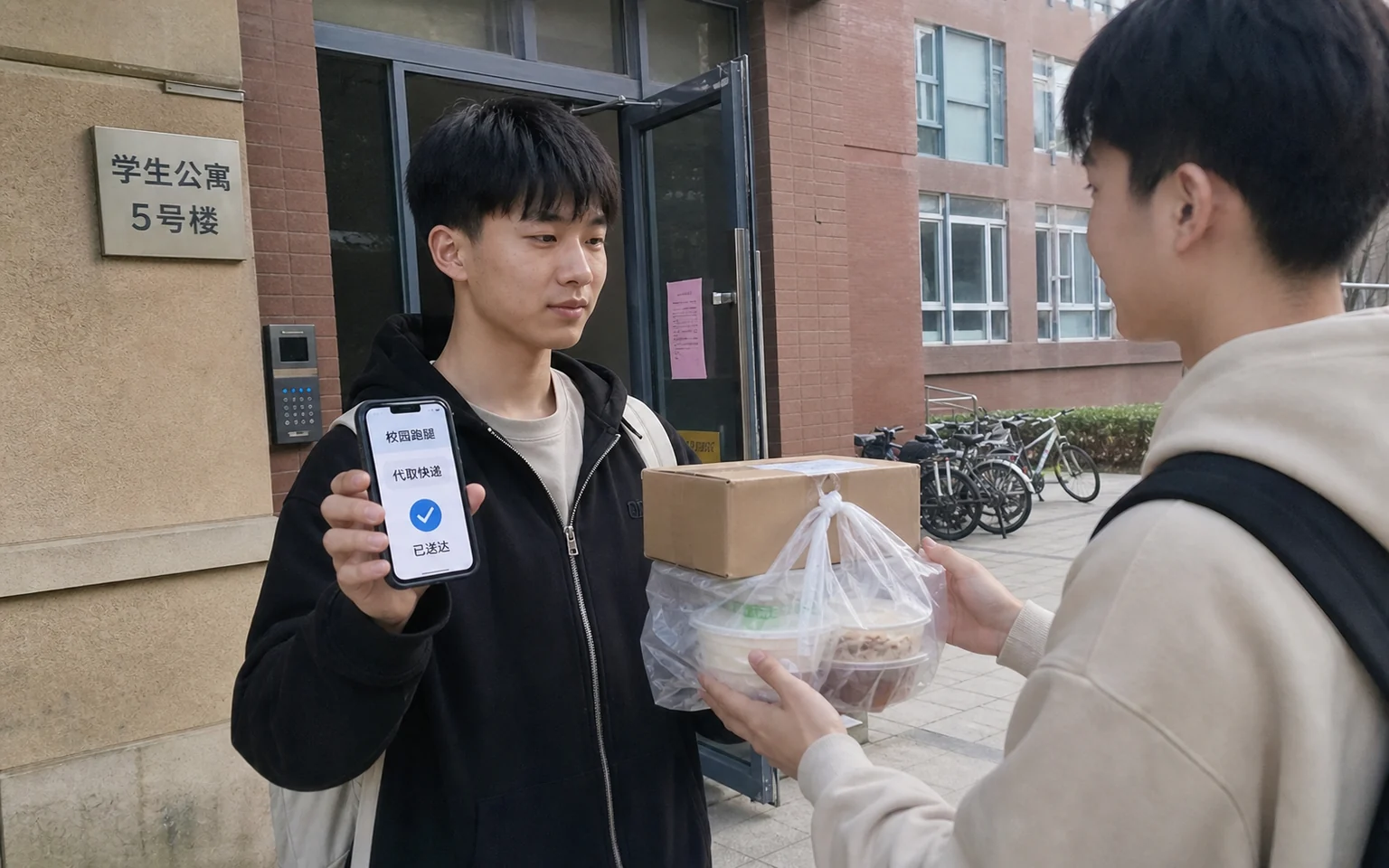 大学生在校园中使用手机完成跑腿服务